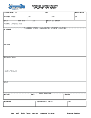Teacher's Multidisciplinary Evaluation Team Report