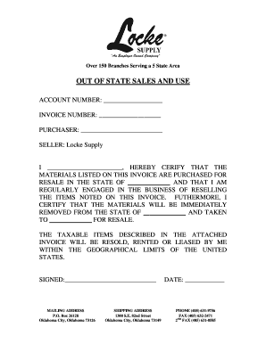 Out of State Sales and Use Certificate