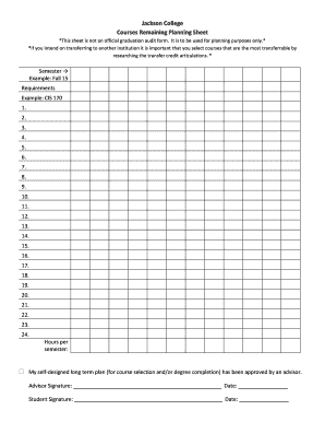 Jackson College Courses Remaining Planning Sheet