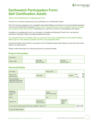 Earthwatch Participation Form: Self-Certification Adults