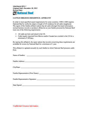 Cattle Origin/US Residence Affidavit