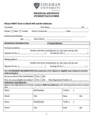 FINANCIAL AID OFFICE STUDENT DATA FORM - coleman