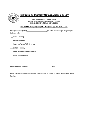 2014-2015 School Health Services Opt Out Form