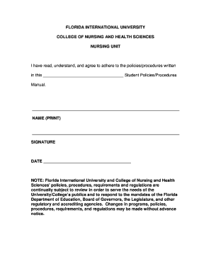 Florida International University Nursing Student Policy Agreement