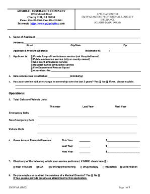 EMT/Paramedic Professional Liability Insurance Application