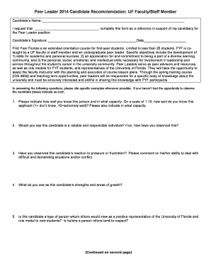 Fillable Online dso ufl Peer Leader 2014 Candidate Recommendation: UF ...