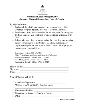 Gwinnett Hospital System Code of Conduct Acknowledgement