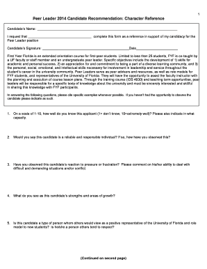 National honor society recommendation letter - Peer Leader 2014 Candidate Recommendation Character Reference - dso ufl