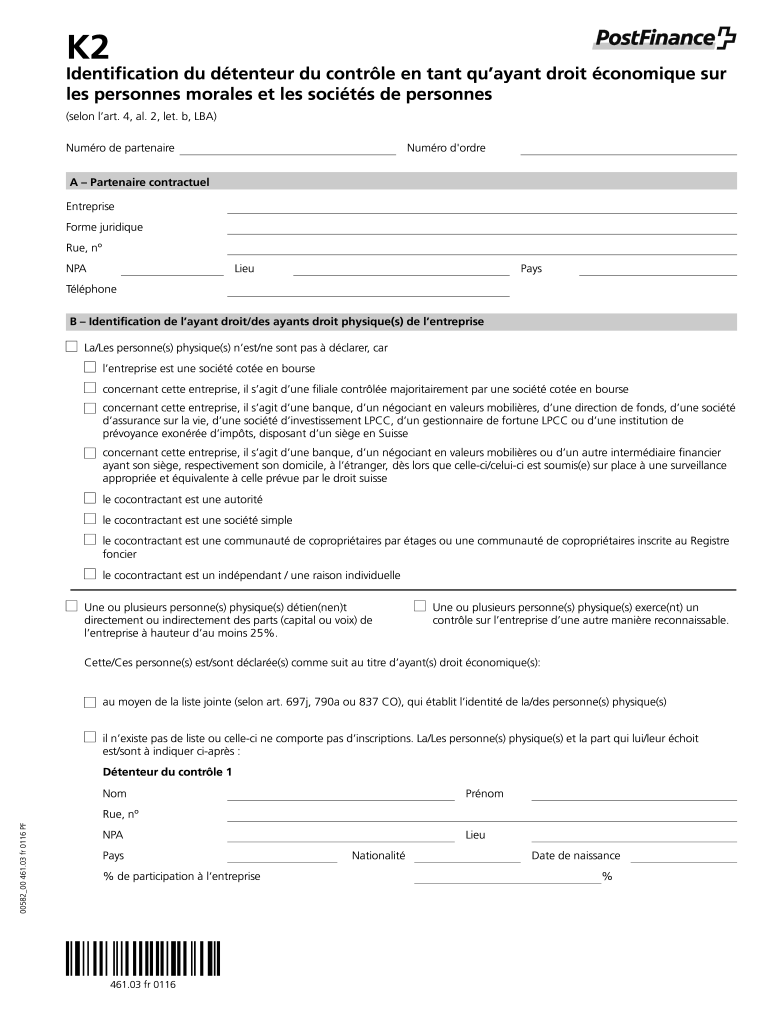 formulaire k2 postfinance Preview on Page 1