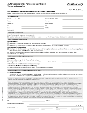 Auftragsschein für Fondsanlage mit dem Vorsorgekonto 3a