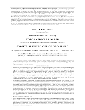 Form of Acceptance for Avanta Share Offer