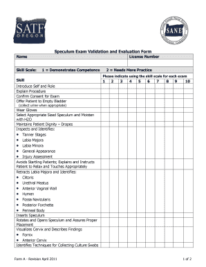 Speculum Exam Validation and Evaluation Form