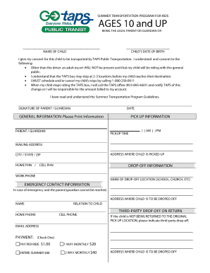 Summer Transportation Program Consent Form