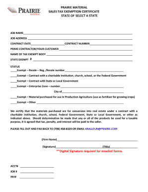 Prairie Material Sales Tax Exemption Certificate
