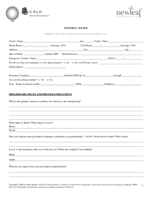 Integral Intake Form for Psychiatric Evaluation