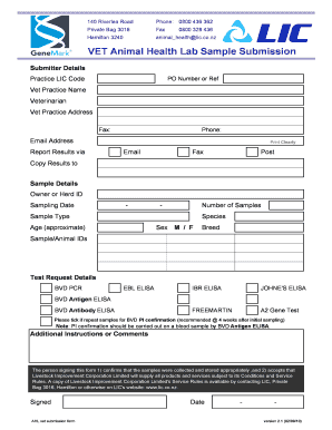 Vet Animal Health Lab Sample Submission Form