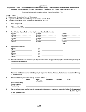 Kelly Services Professional Liability Insurance Application