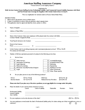 Kelly Services Custom Excess Staffing Services Insurance Application