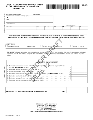 Maryland Pass-Through Entity Estimated Income Tax Form 510D