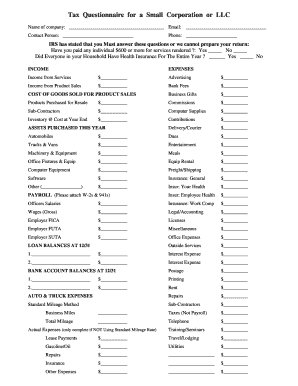 Small Corporation or LLC Tax Questionnaire
