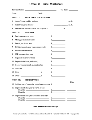 Office in Home Deduction Worksheet