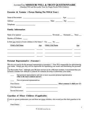 Missouri Will and Trust Questionnaire
