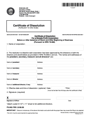Nevada Certificate of Dissolution