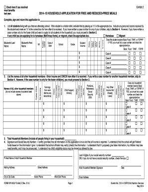 2014–15 Household Application for Free and Reduced-Price Meals
