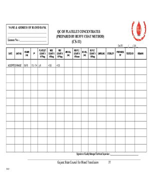 Blood Bank Platelet Concentrate Quality Control Form