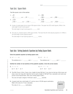 Math Quiz on Square Roots and Quadratic Equations