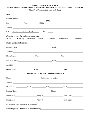 Coventry Public Schools Athletic Permission Form