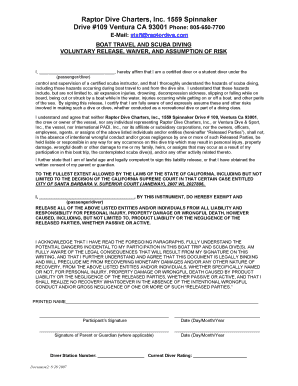 Raptor Dive Charters Liability Waiver