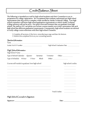 High School Graduation Credit Balance Sheet