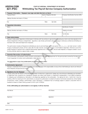 Arizona Form 821-PSC Withholding Tax Authorization