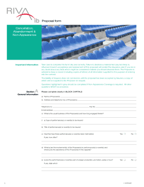 Cancellation Abandonment Non-Appearance Insurance Proposal Form