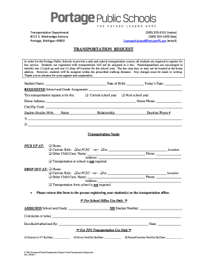 Portage Public Schools Transportation Request Form