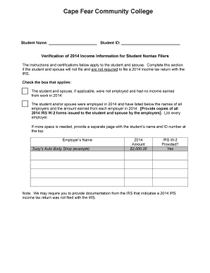 Verification Worksheet for 2014 Income Information