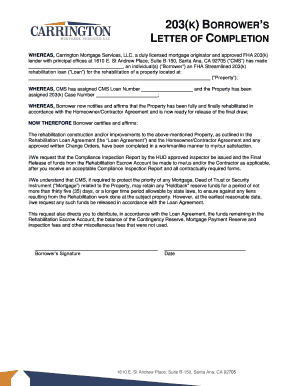 203(k) Borrower's Letter of Completion