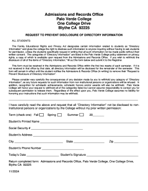 Request to Prevent Disclosure of Directory Information