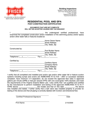 Residential Pool and Spa Post-Construction Certification