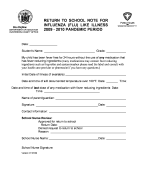 Return to School Note for Influenza