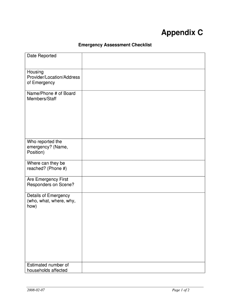 Fillable Online Appendix C Emergency Assessment Checklist Fax Email