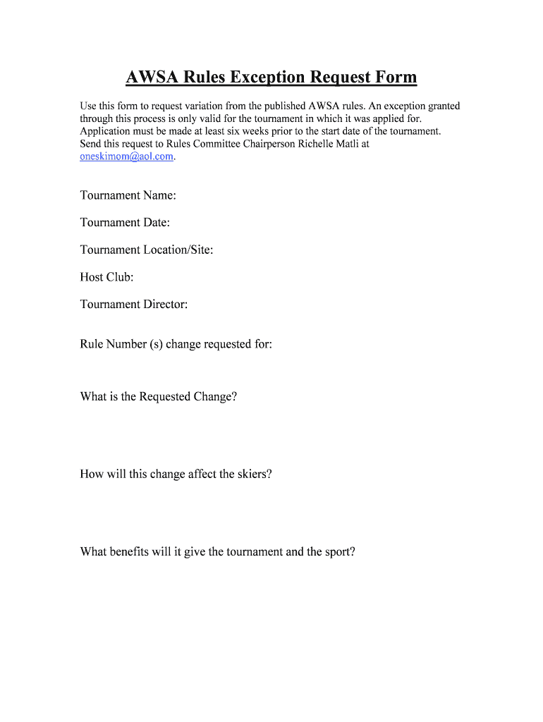 Fillable Online usawaterski AWSA Rules Exception Request Form USA