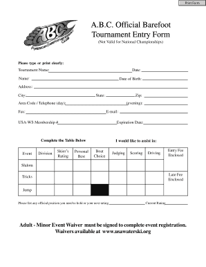 USA-WS Barefoot Tournament Entry Form