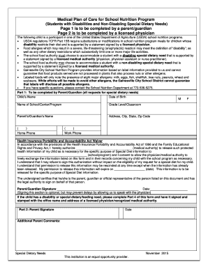 Medical Plan of Care for School Nutrition Program