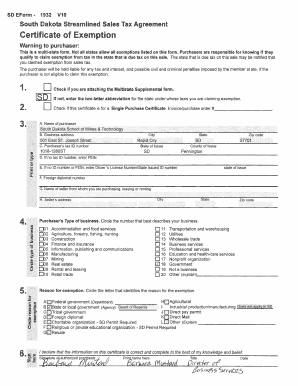 South Dakota Streamlined Sales Tax Agreement Certificate of Exemption