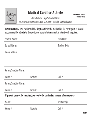 Medical Card for Athlete MCPS Form 560-30