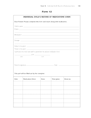 Individual Child’s Record of Medications Given