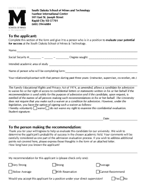South Dakota School of Mines and Technology Recommendation Form