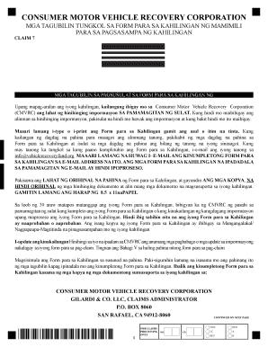 Consumer Motor Vehicle Recovery Claim Form